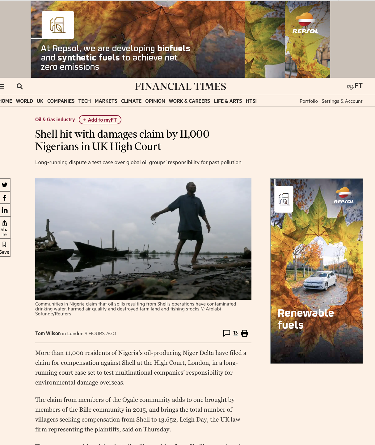 Financial Times urged to drop fossil ads following ban of Repsol's greenwash ad