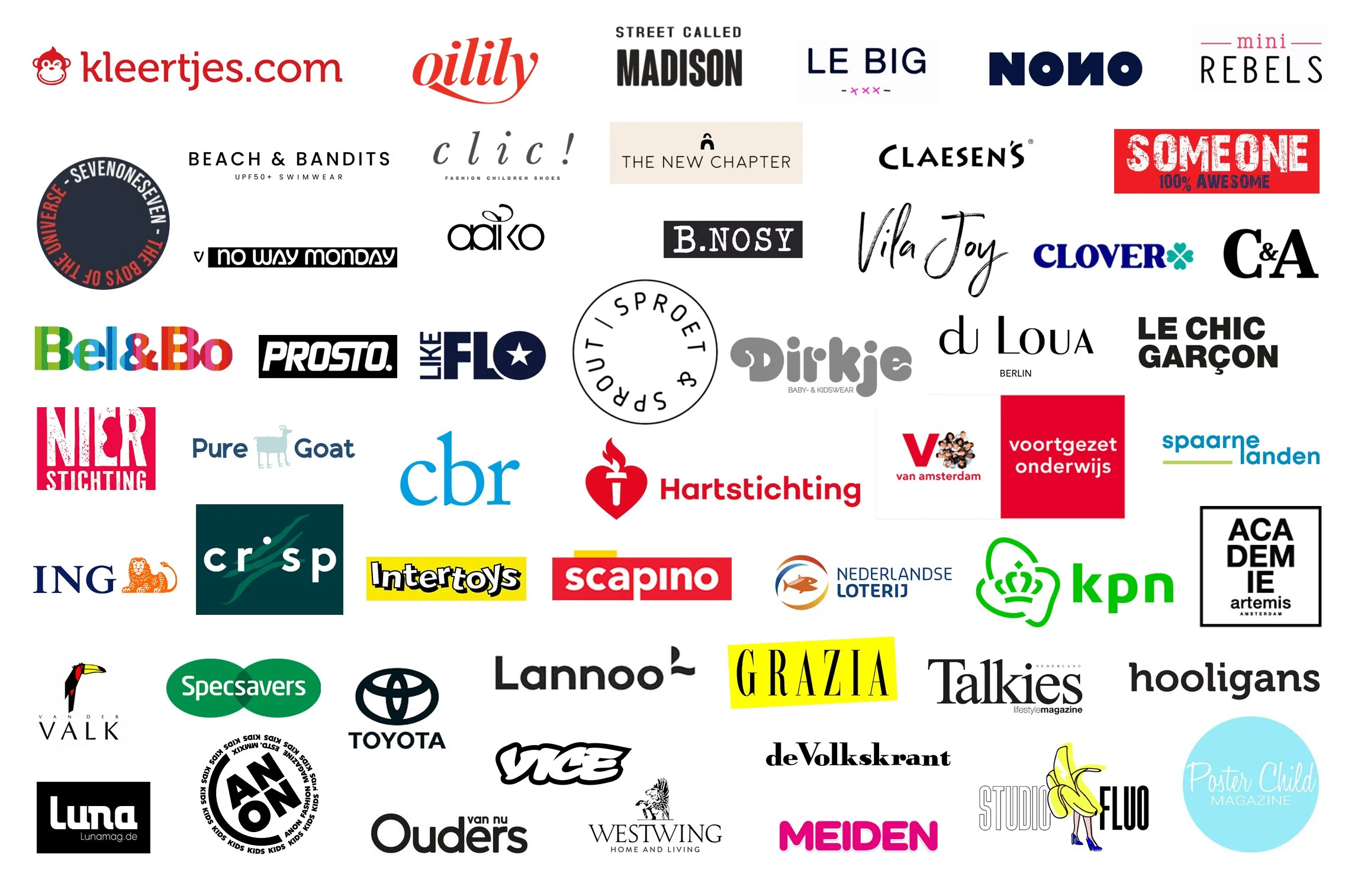 A collage of various brand logos and company names, including Kleertjes.com, Oilly, Madison, Le Big, Nonno, Mini Rebels, and many others in different colors and styles.