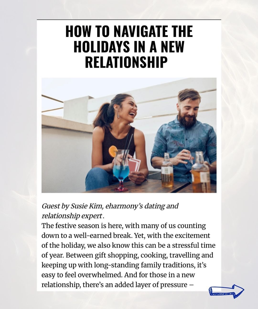 If you&rsquo;re in a new relationship, navigating the holidays together can be new milestone 

A few tips and questions to make it a meaningful experience rather than a stressful one 🎄❤️ 

And if you&rsquo;re single, heads up that singles come out o