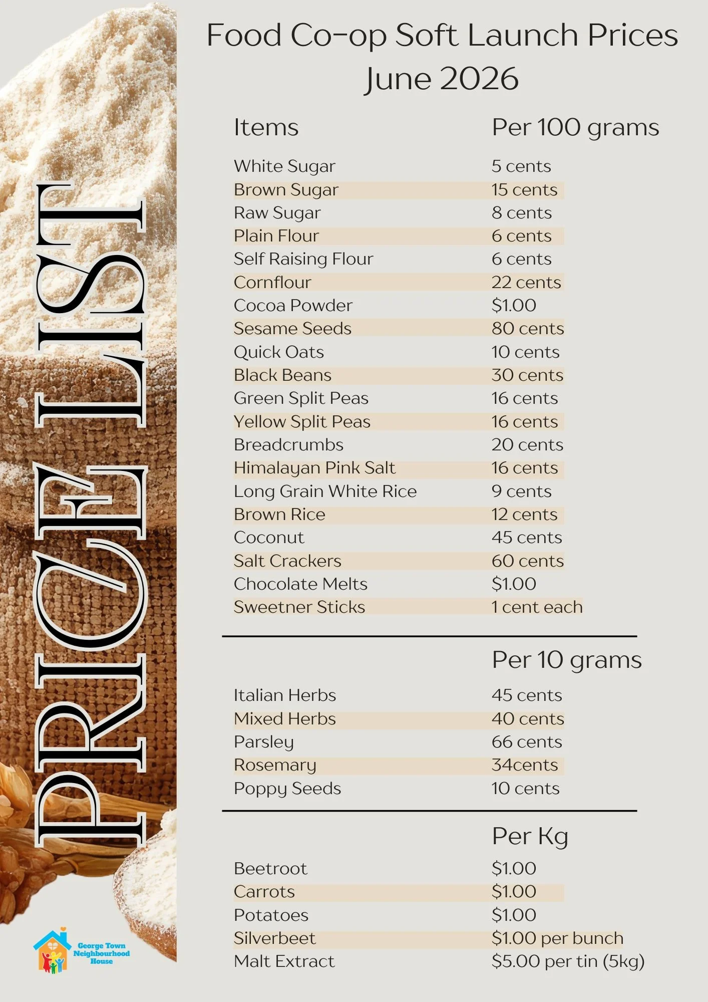 Price list for the George Town Neighbourhood House Food Co-op that starts on Monday 29th June