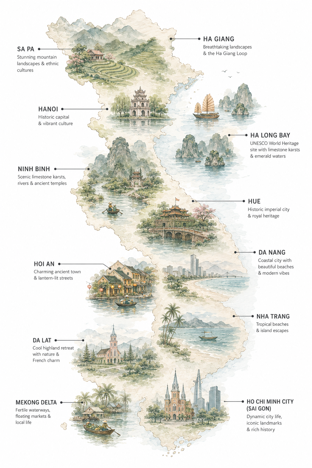 A watercolor map of Vietnam illustrating various regions with landmarks and descriptions. It includes Ha Giang with mountain landscapes, Hanoi with historic architecture, Ninh Binh with limestone karsts and temples, Hoi An with lantern-lit streets, Da Lat with a cathedral, Mekong Delta with waterways, Nha Trang with beaches, Da Nang with a coastal city, and Ho Chi Minh City with modern skyscrapers.