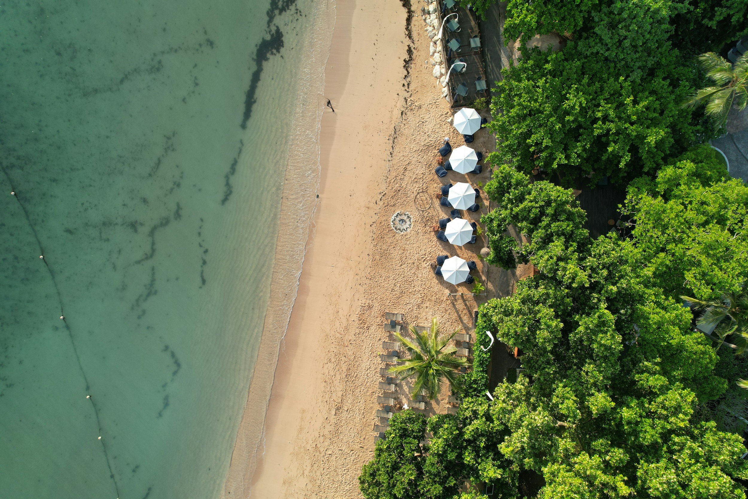 An aerial view of a beach with clear green water, sandy shore, and trees near the beach. There are white umbrellas, lounge chairs, and a small outdoor shaded seating area.
