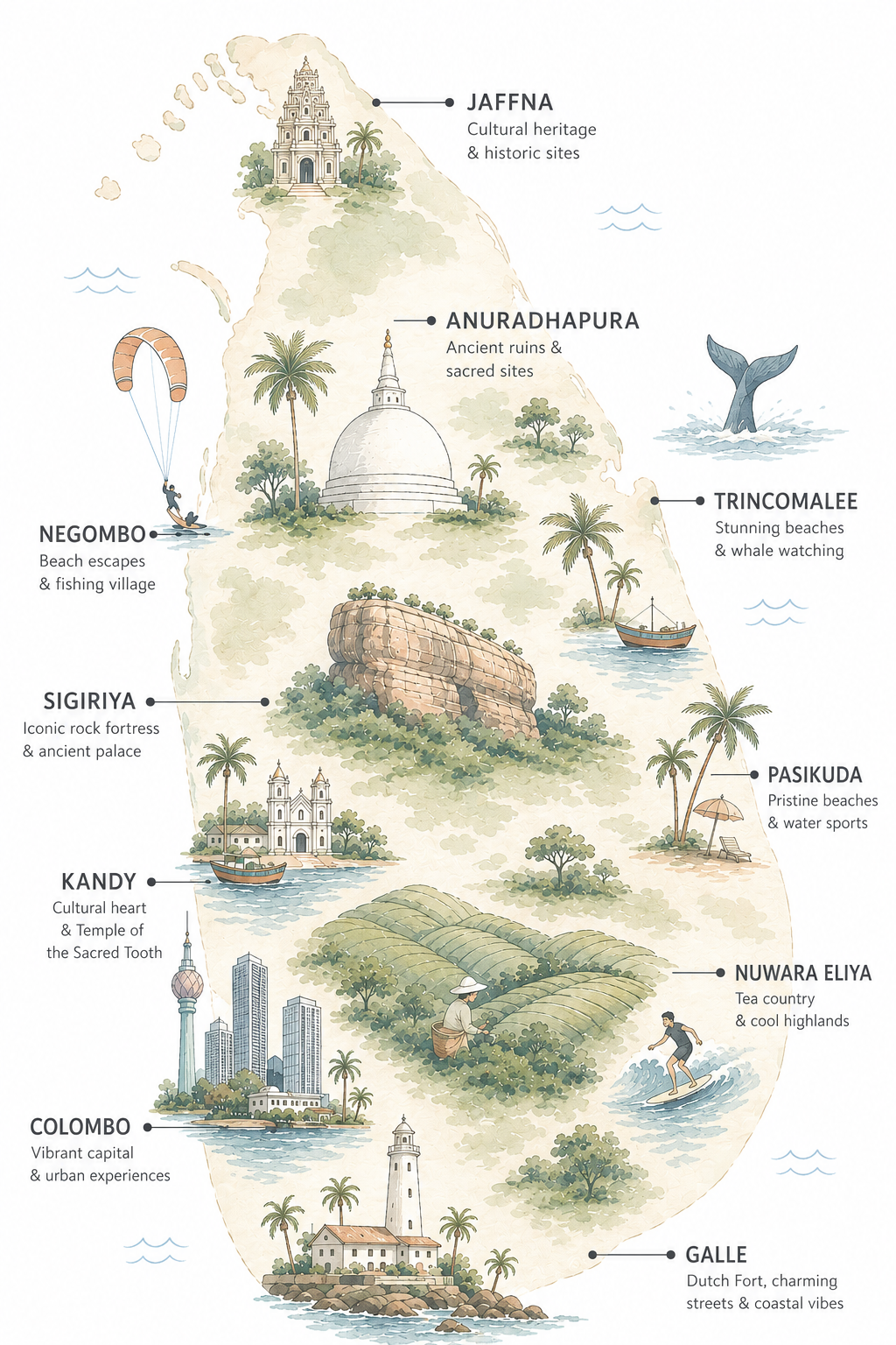 Map illustration highlighting various Sri Lankan destinations with descriptions: Jaffna, cultural heritage and historic sites; Anuradhapura, ancient ruins and sacred sites; Nagombo, beach escapes and fishing village; Sigiriya, iconic rock fortress and ancient palace; Kandy, cultural heart and Temple of the Sacred Tooth; Colombo, vibrant capital and urban experiences; Galle, Dutch fort and coastal vibes; Trincomalee, beaches and whale watching; Pasikuda, pristine beaches and water sports; Nuwara Eliya, tea country and cool highlands.