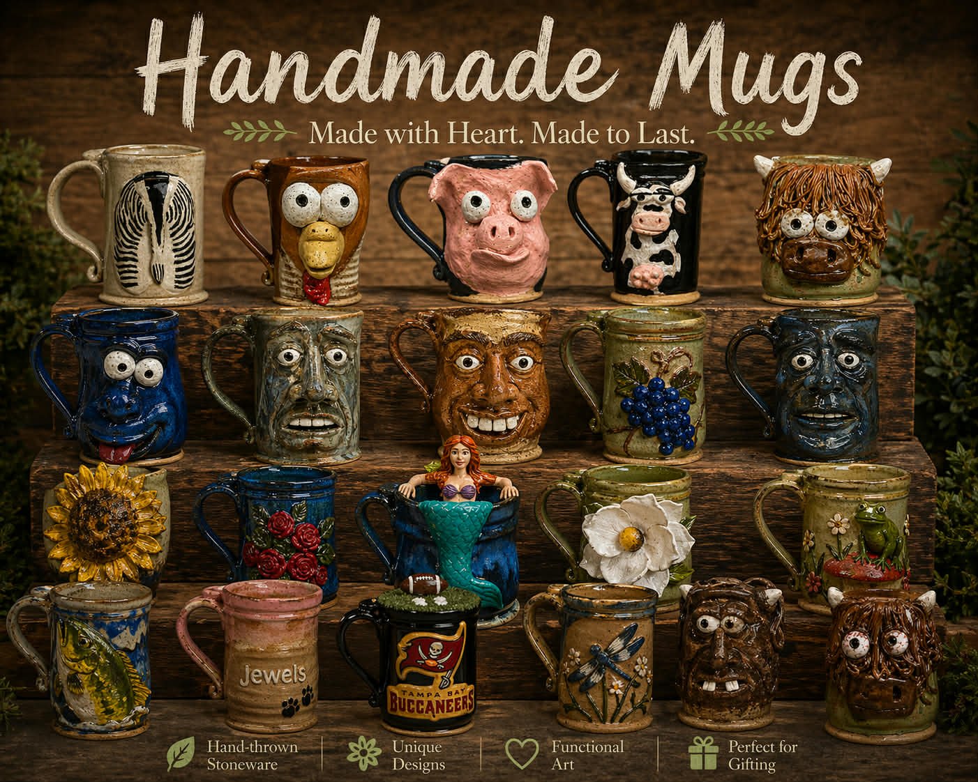 Crazy Mugs - this is what we are known for!  We can put most anything you can think of on a mug.  We also have a 3d printer - so we can mimic your logo or family name or farm name on the mugs.  I have even copied the handwriting of a passed love onto