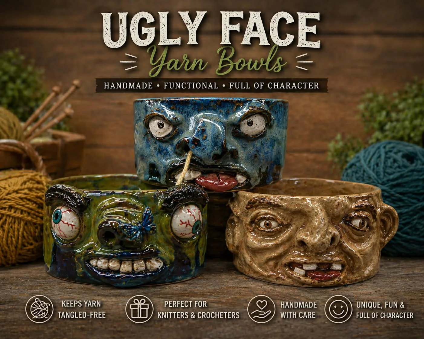 Just like ugly Face Jugs - I love an ugly bowl!  Whether its a yarn bowl, a popcorn bowl, a pet bowl, a candy bowl - thats all  up to you! 