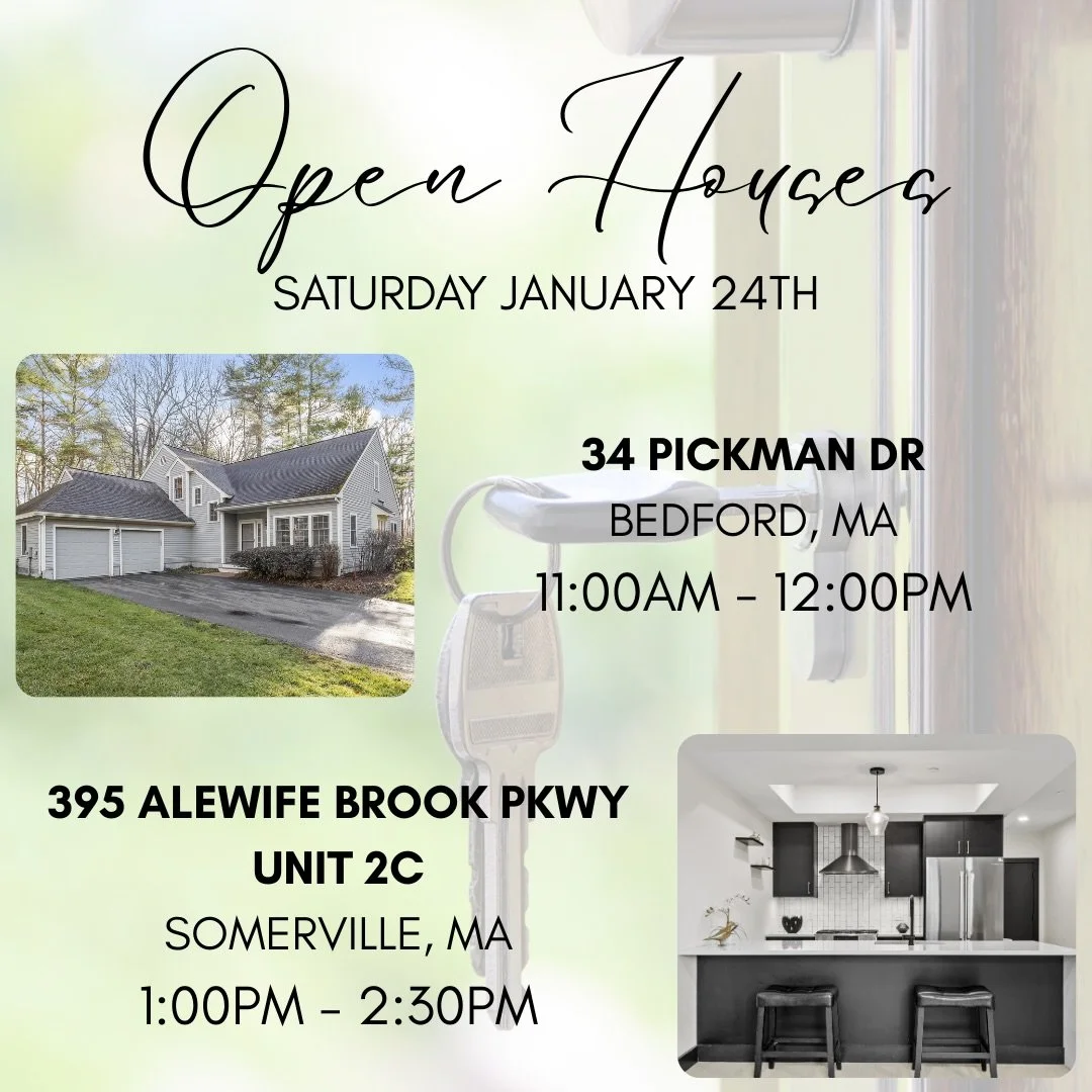 Beat the snow and join us for two condo open houses before the storm hits! ❄️🏡 

➡️ 34 Pickman Dr, Bedford | 11AM-12PM
➡️ 395 Alewife Brook Pkwy, Unit 2C, Somerville | 1PM-2:30PM