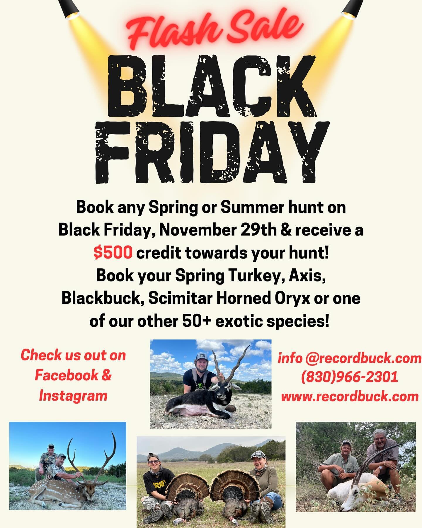 One full week! Book any hunt from today ( 11/29/24 ) thought next Friday ( 12/6/24 ) and receive a 500$ credit! 

Also! We have the perfect Christmas gift for your favorite hunter! Give us a shout to book your dates, and we will send you your very ow