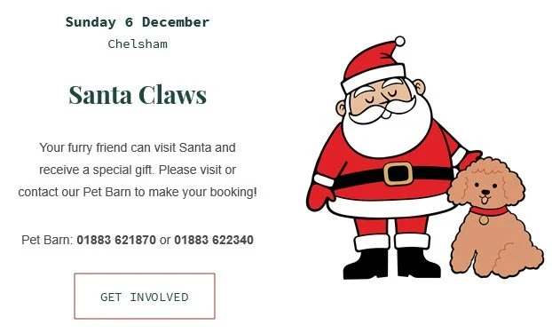 Don't forget to book a slot for your furry friend! Tickets &pound;10
Sunday 6th December at Chelsham 9.30am-5pm 
Call our pet barn on 01883621870  Last few spaces remaining! 
#santaclaws🎅😹 #santaatchelsham #knightschelsham