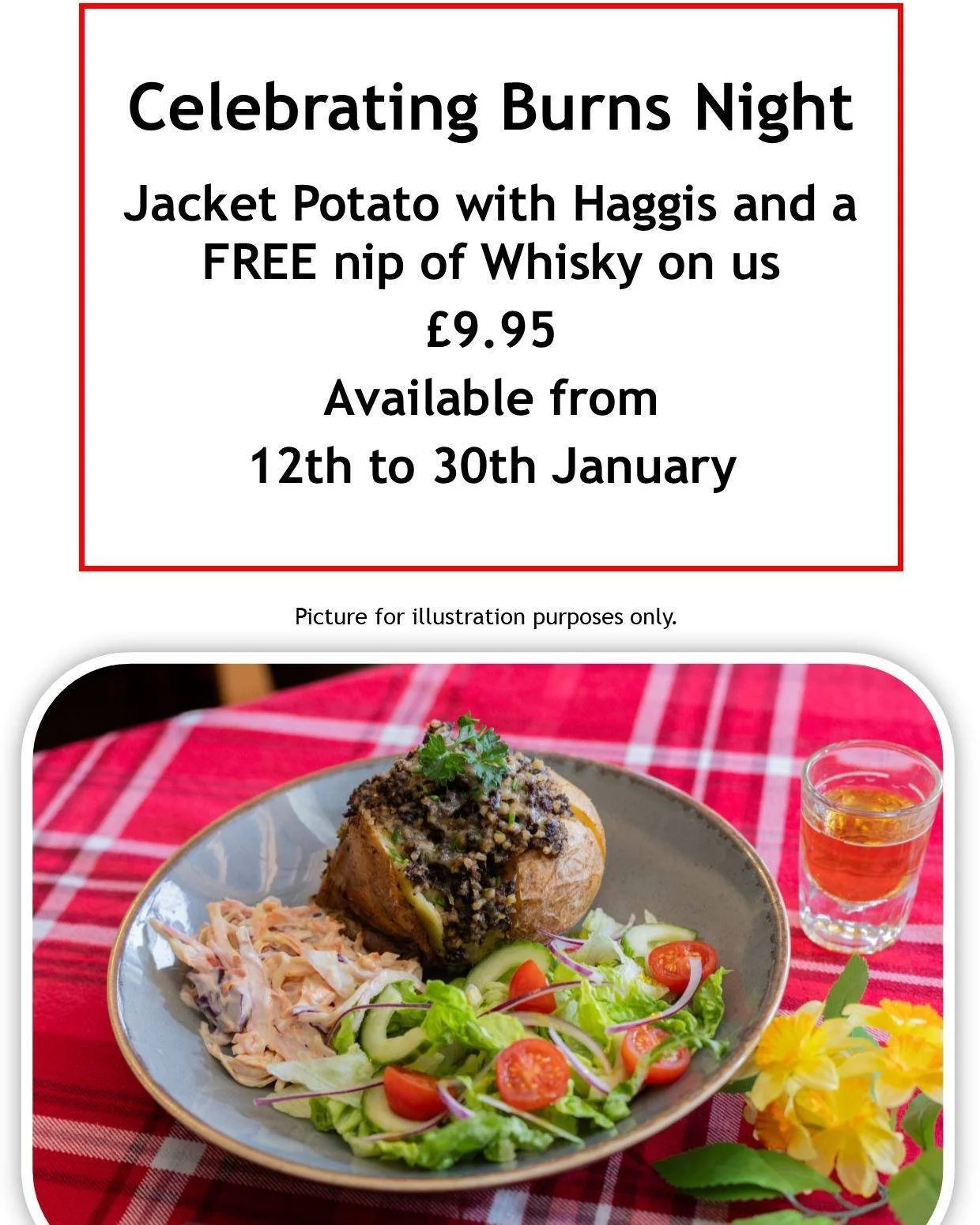 We know you've been waiting patiently and it's finally back! Our haggis jacket potato! 
Over the next fortnight enjoy a haggis JP with a FREE nip of whisky in Seasons or the Dene &pound;9.95
#knightschelshamwoldingham #rabbieburns #happyburnsnight #h