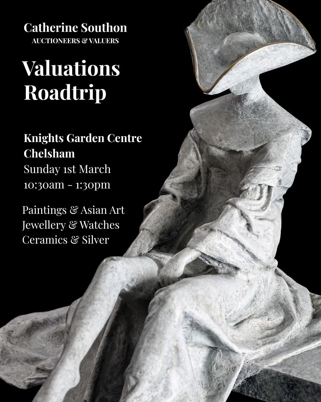 Not long to go!
Sunday 1st March 📍Knights Garden Centre, Chelsham 
10:30am - 1:30pm
💎Do you have a jewellery box tucked under the bed? A drawer full of silver cutlery? Or an inherited Chinese vase? Bring them along to be appraised by the experts fr