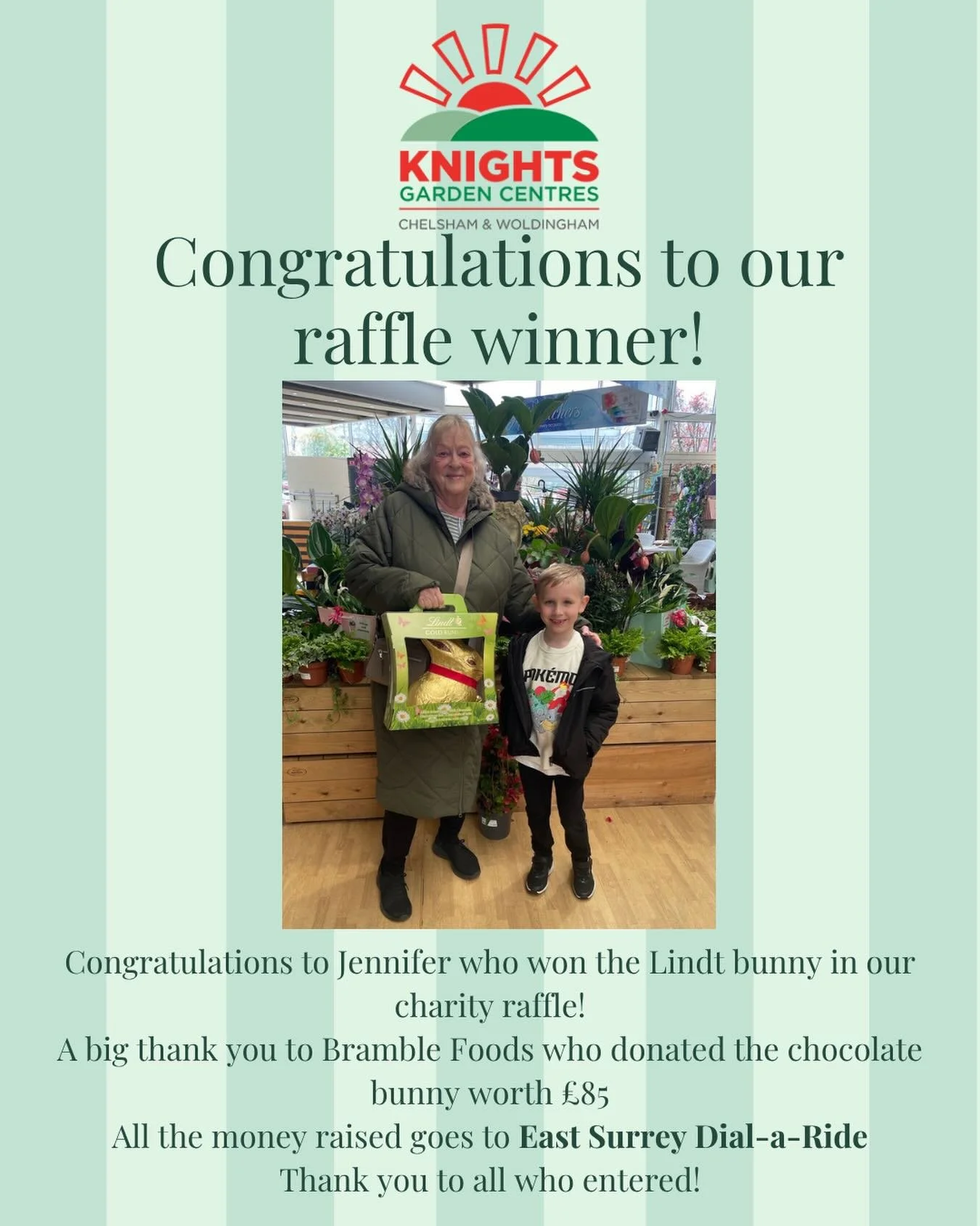 Congratulations to Jennifer who won the Lindt bunny!
Thank you to everyone who entered. All money raised goes to East Surrey Dial-a-Ride 
.
.
.
.
.
.
.
#knightsgardencentres #woldingham #chelsham