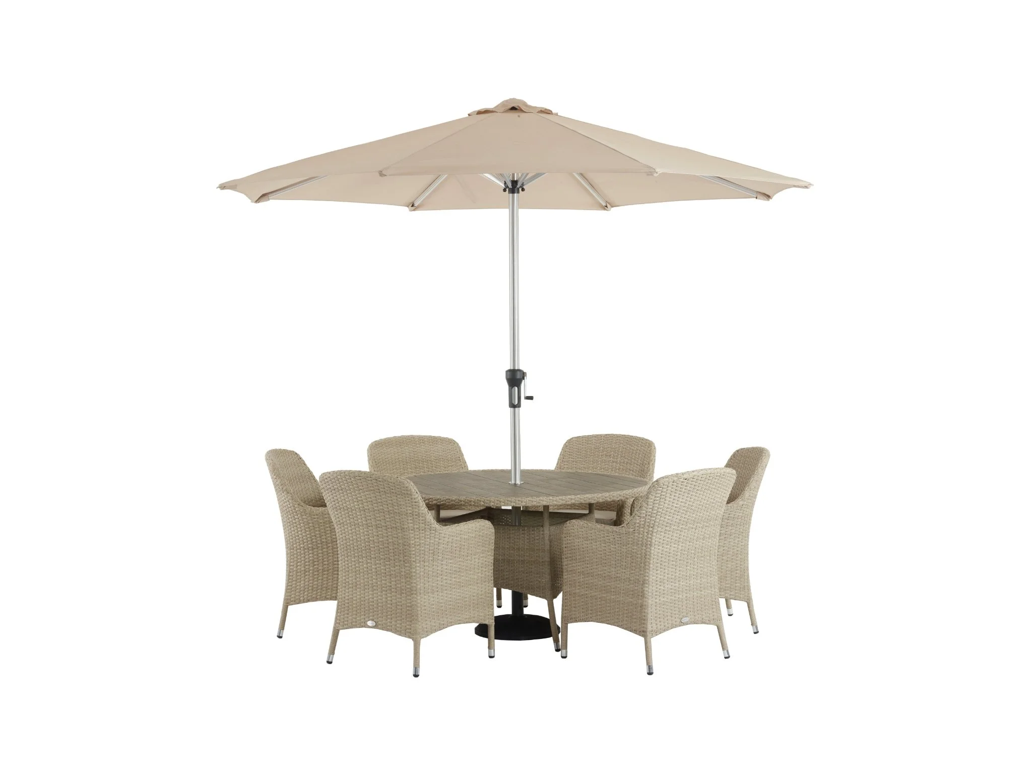 Bramblecrest Tetbury 135cm Tree-free Round Table with 6 Armchairs, Parasol and Base in Nutmeg