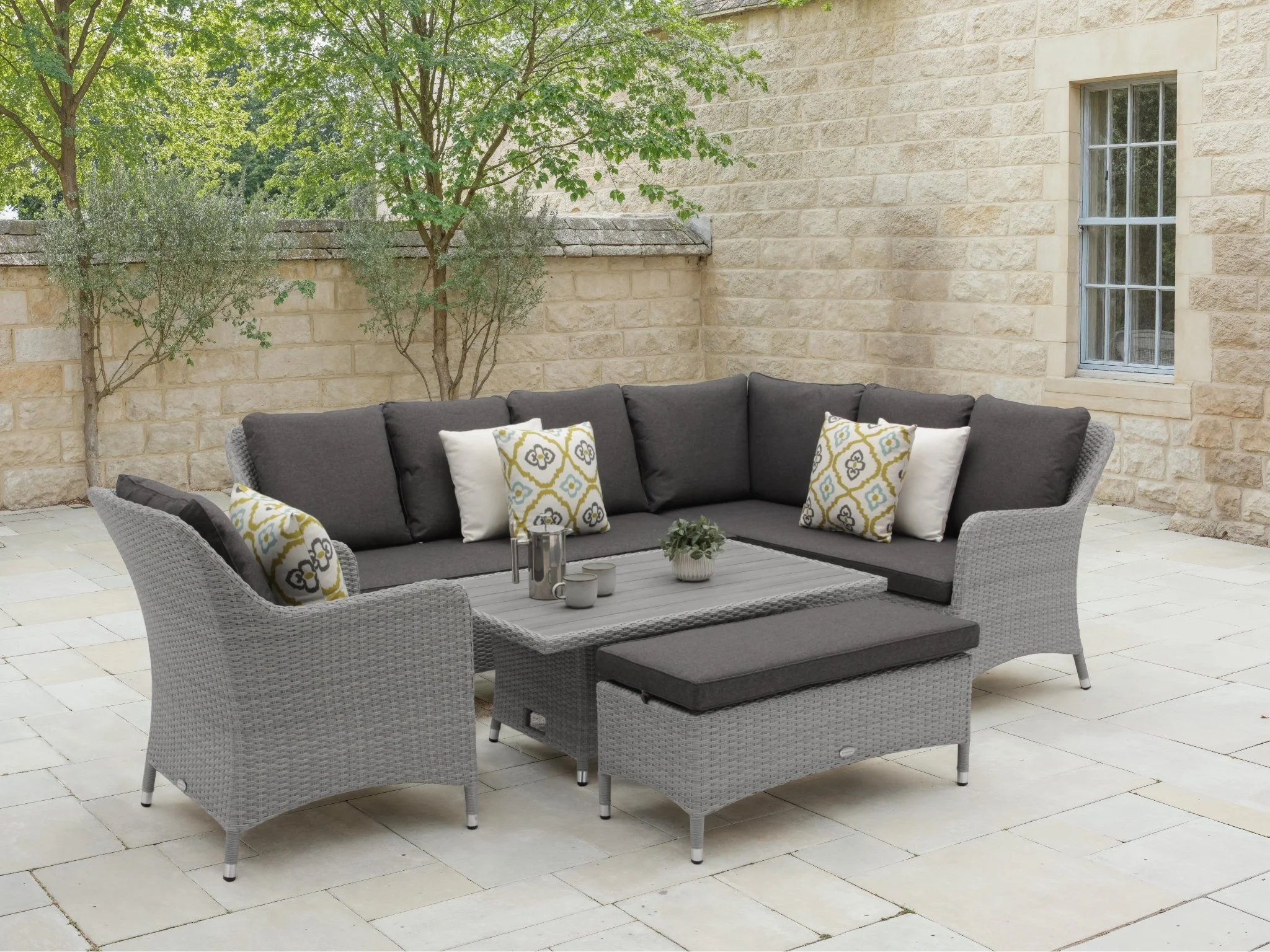 Bramblecrest Tetbury L-shape Sofa with Rectangle Adjustable Tree-free Table, Bench & Chair in Graphite