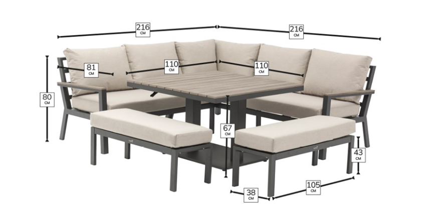 Bramblecrest Zurich Modular Sofa with Square Tree-free Adjustable Piston Casual dining Table & 2 Benches in Fawn