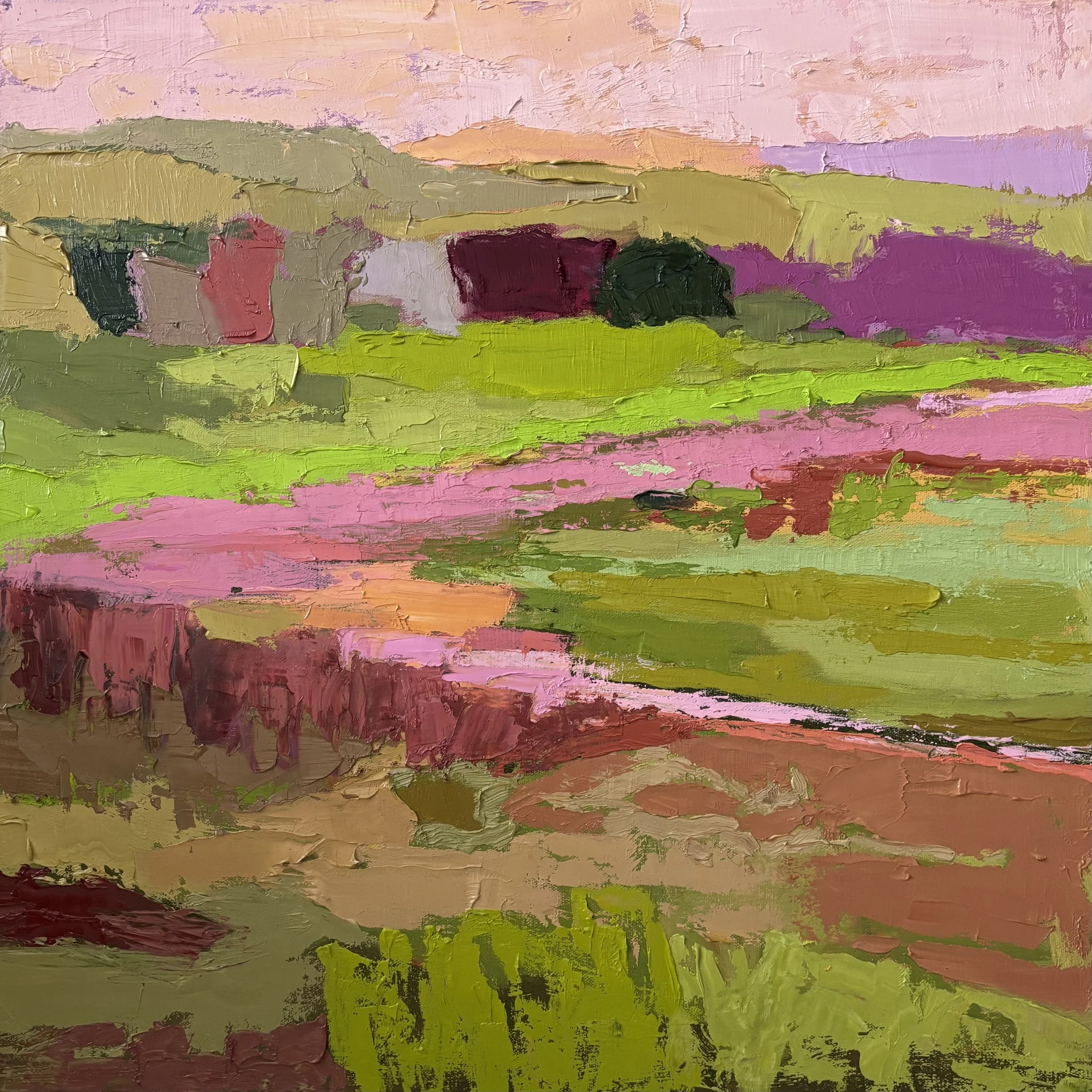 Colorful impressionistic landscape painting of a countryside scene with rolling hills, fields, and a pink sky.