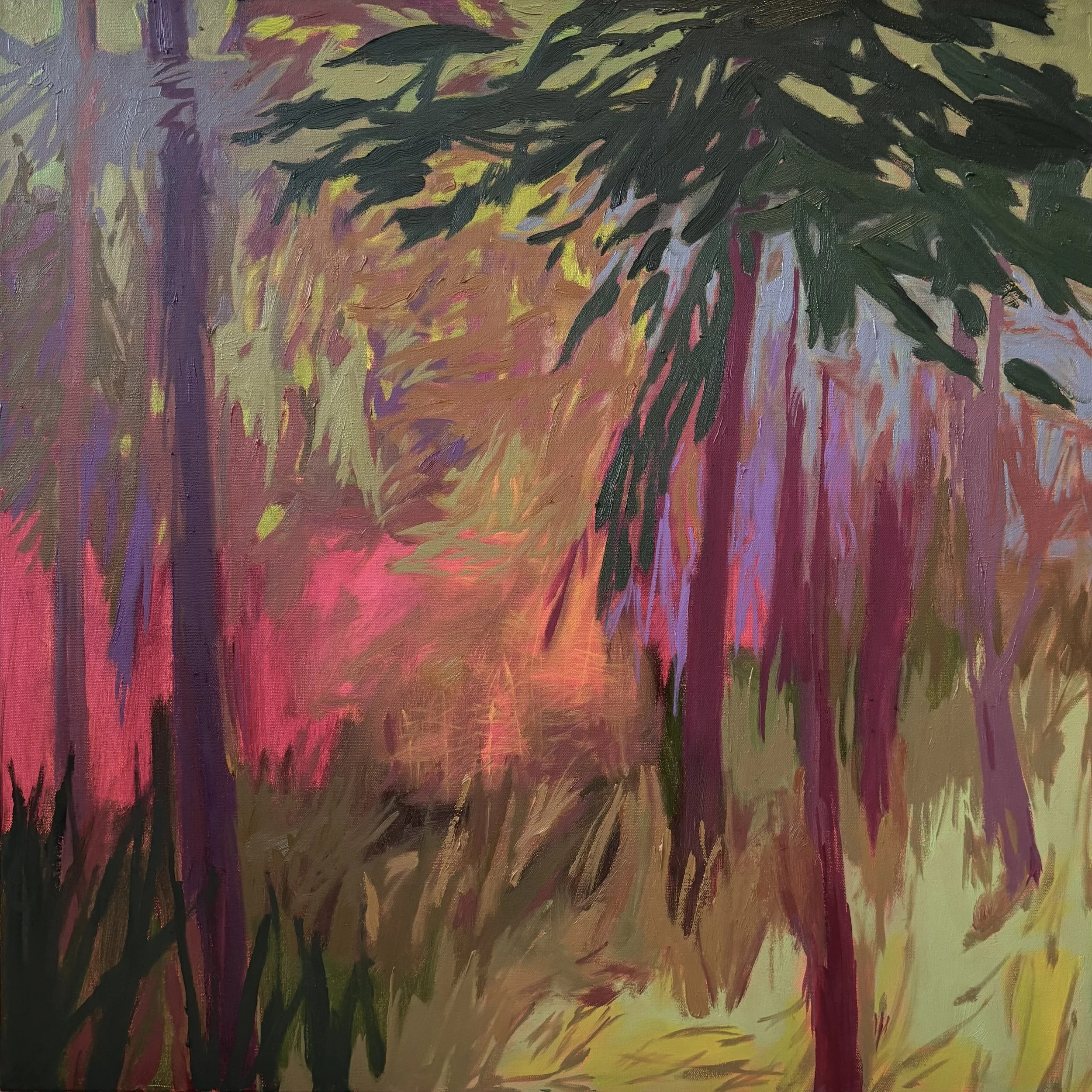 Abstract painting of a lush green forest with tall trees, colorful foliage, and a small animal, possibly a deer, in the background.