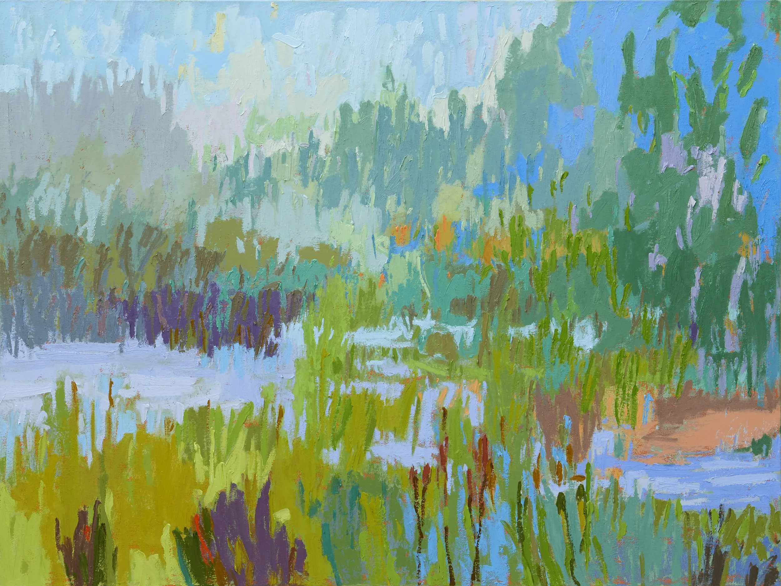 An impressionist painting of a lush green landscape with trees, grass, a pond, and a pathway.
