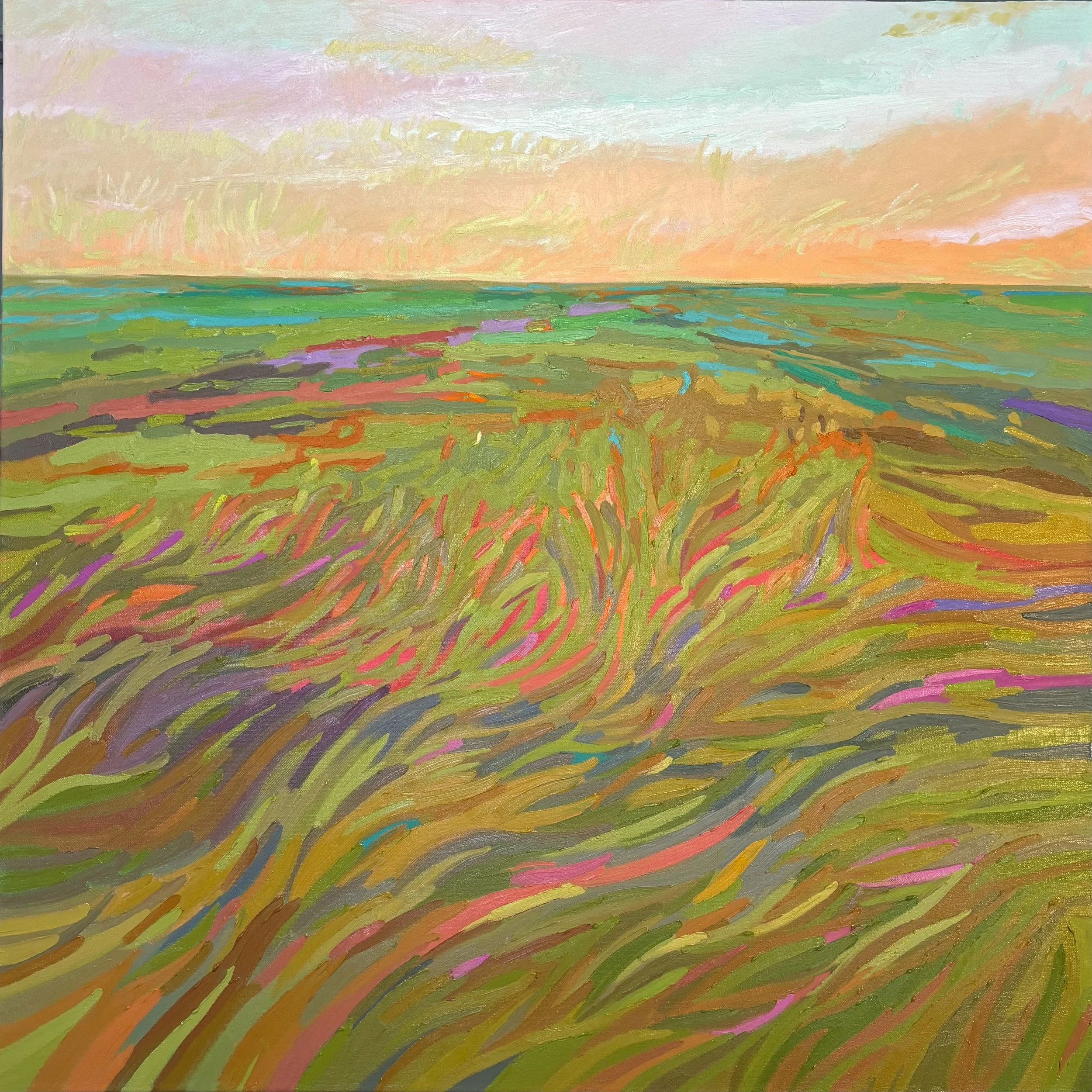 An abstract painting of a colorful landscape with green fields, purple, pink, blue, and orange accents, and a sky with pink, orange, and light blue hues.