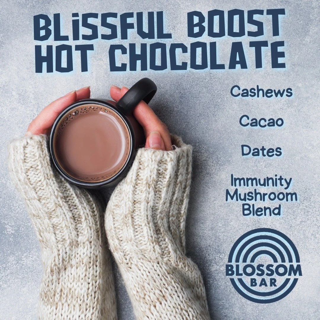 Snowy days call for something warm and comforting.

Try the Blissful Boost. Cashew milk gives this hot chocolate its smooth, silky texture, paired with deep cacao flavor and subtle sweetness from dates. A functional mushroom blend adds an extra layer