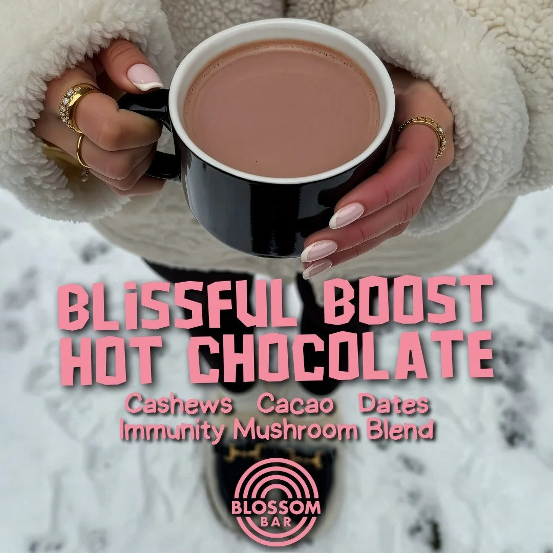 Craving something warm and grounding? The Blissful Boost checks all the boxes.

Cashew milk keeps it creamy, cacao adds a rich chocolatey depth, and dates sweeten things just enough without overpowering it. With a functional mushroom blend stirred in