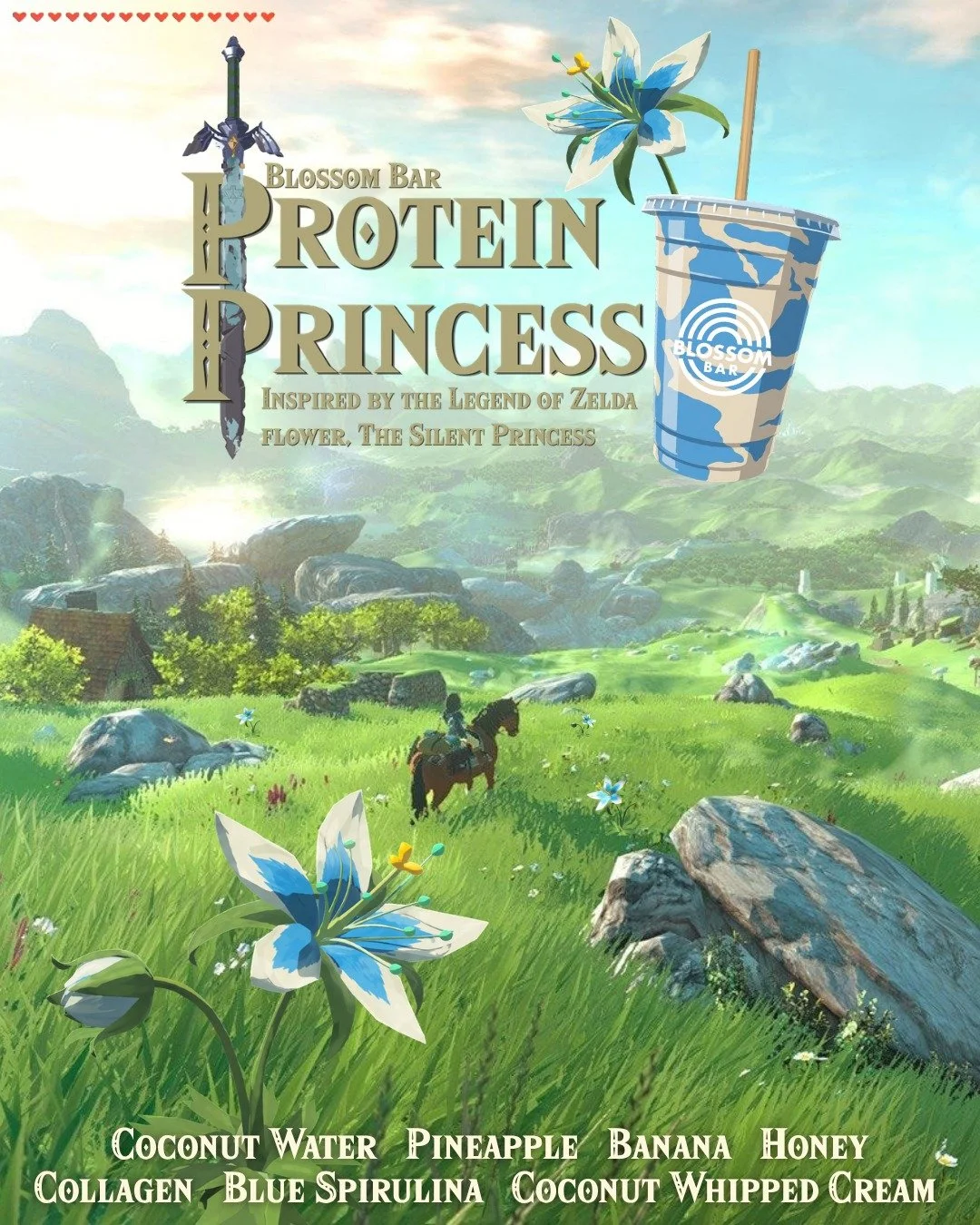 Protein Princess is this month&rsquo;s Blossom Bar featured item!

Our featured Protein Princess smoothie is a magical blend of coconut water, pineapple, banana, honey, collagen, and blue spirulina. Inspired by Silent Princess Flower from The Legend 