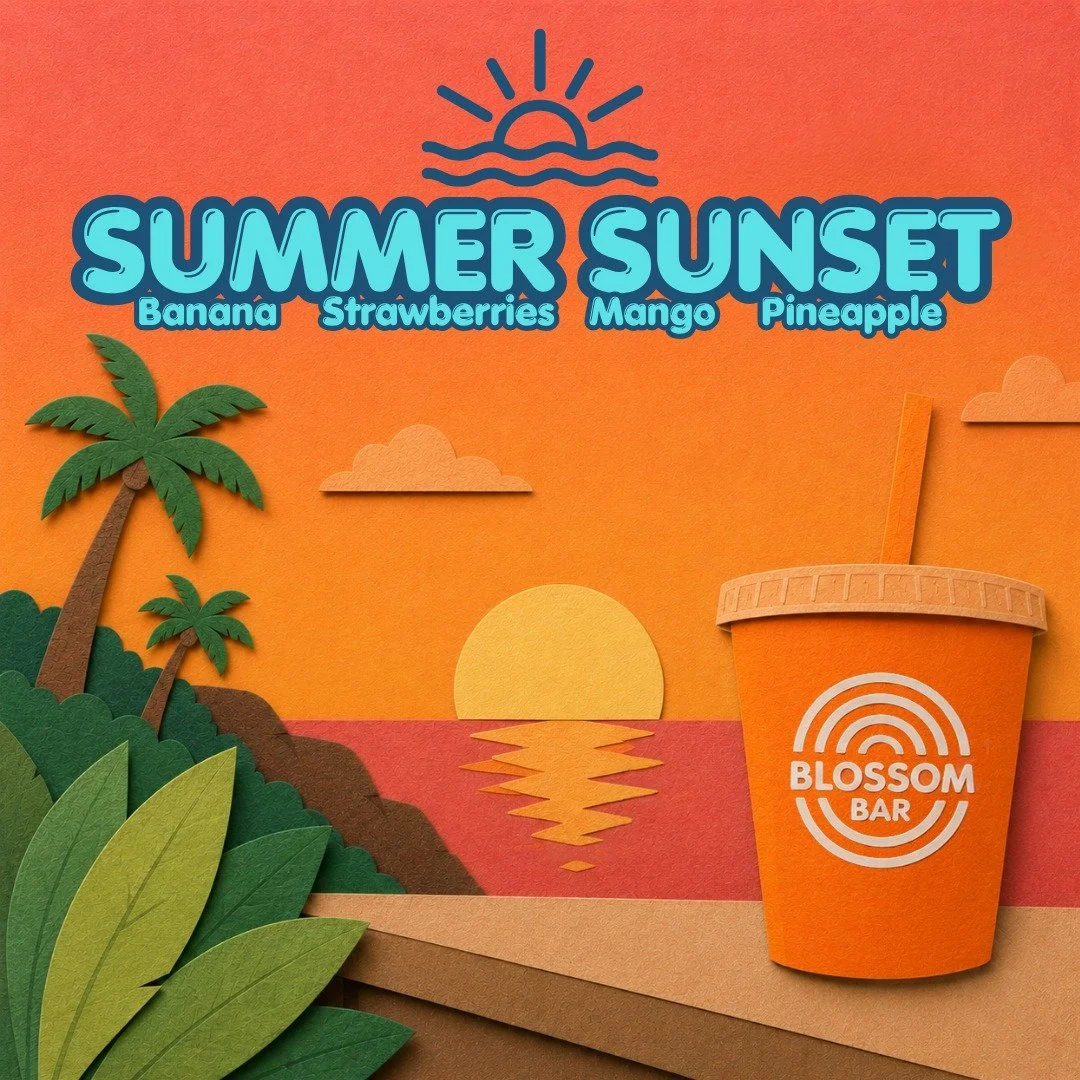 Summer Sunset is this month&rsquo;s Blossom Bar featured item!

Our Summer Sunset smoothie is a vibrant blend of mango juice, banana, strawberries, mango, and pineapple that tastes like pure sunshine. Sweet, refreshing, and perfectly tropical, it&rsq