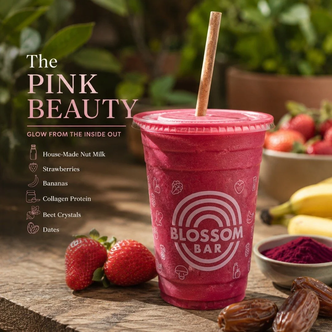 Pretty in pink. 💗

The Pink Beauty blends house-made nut milk, strawberries, bananas, collagen protein, beet crystals, and dates into one delicious smoothie that's as good for your taste buds as it is for your routine.

Use coupon code beauty for $1