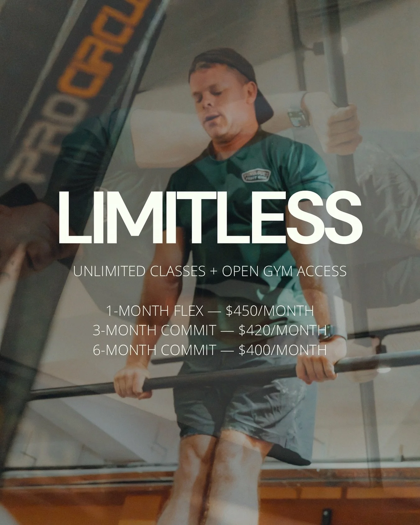 Consistency creates confidence. Commit to your goals with LIMITLESS — unlimited classes + 24/7 open gym access. Let’s get to work.