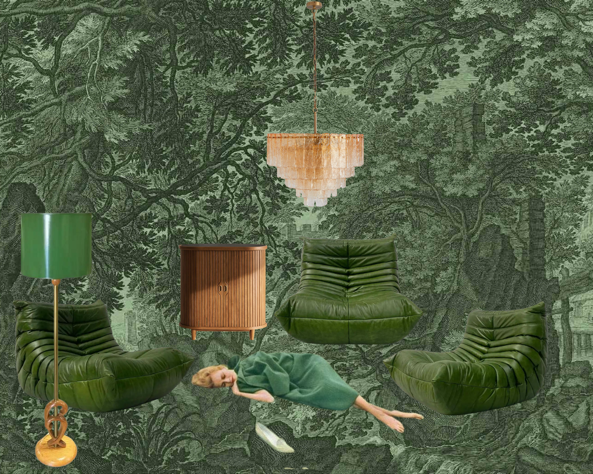 Statement green wallpaper with vintage forest motif paired with mid-century chairs and chandelier in a layered interior.