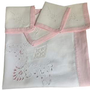 Etsy - Antique French Linen Tablecloth with Embroidered Napkins $236.67