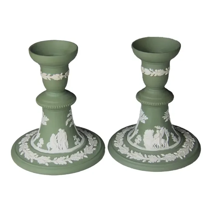 Chairish -Vintage Wedgwood Green Jasperware White Cameo Candle Candlesticks (set of 2) $215
