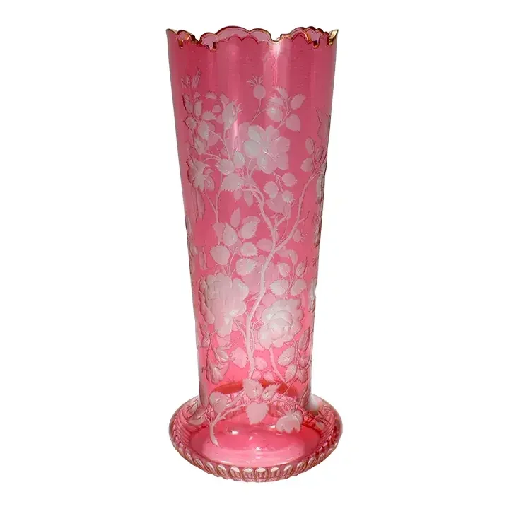 Chairish - Antique Bohemian Cranberry Overlay Cut to Clear Glass Vase With Roses $3,950
