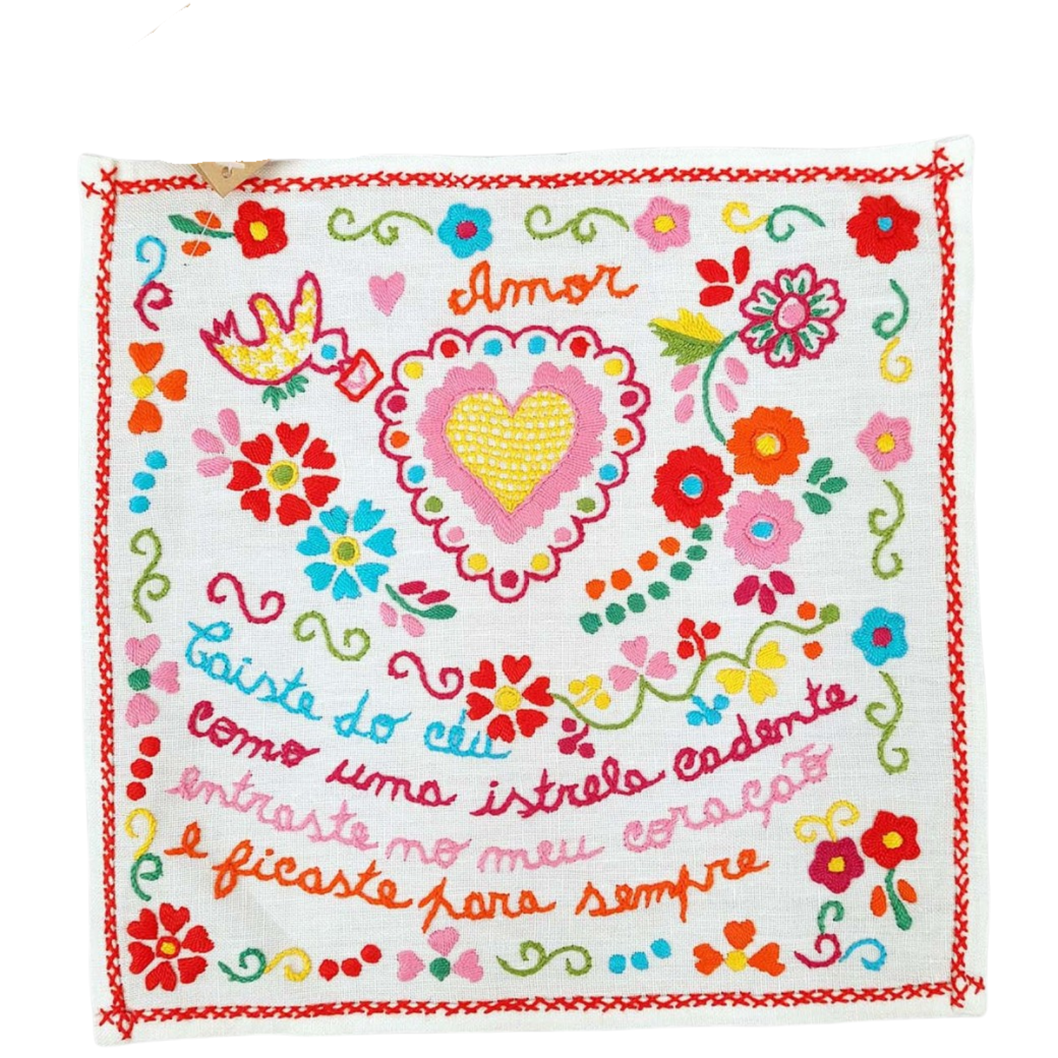 Inspired by the traditional Lenço dos Namorados, this embroidered textile celebrates one of Portugal's most cherished folk traditions. A Vida Portuguesa • €104