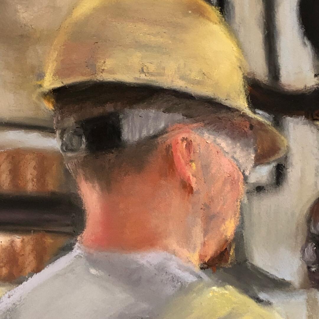 Work-in-progress! 
Part of a 16x20 pastel painting of a Shear Operator. I took the photo reference in a Kentucky steel mill. Working towards my solo show in Indianapolis, September 2020! 
#wip #studiotime #pastelpainting #drawing #steelaninsidelook #