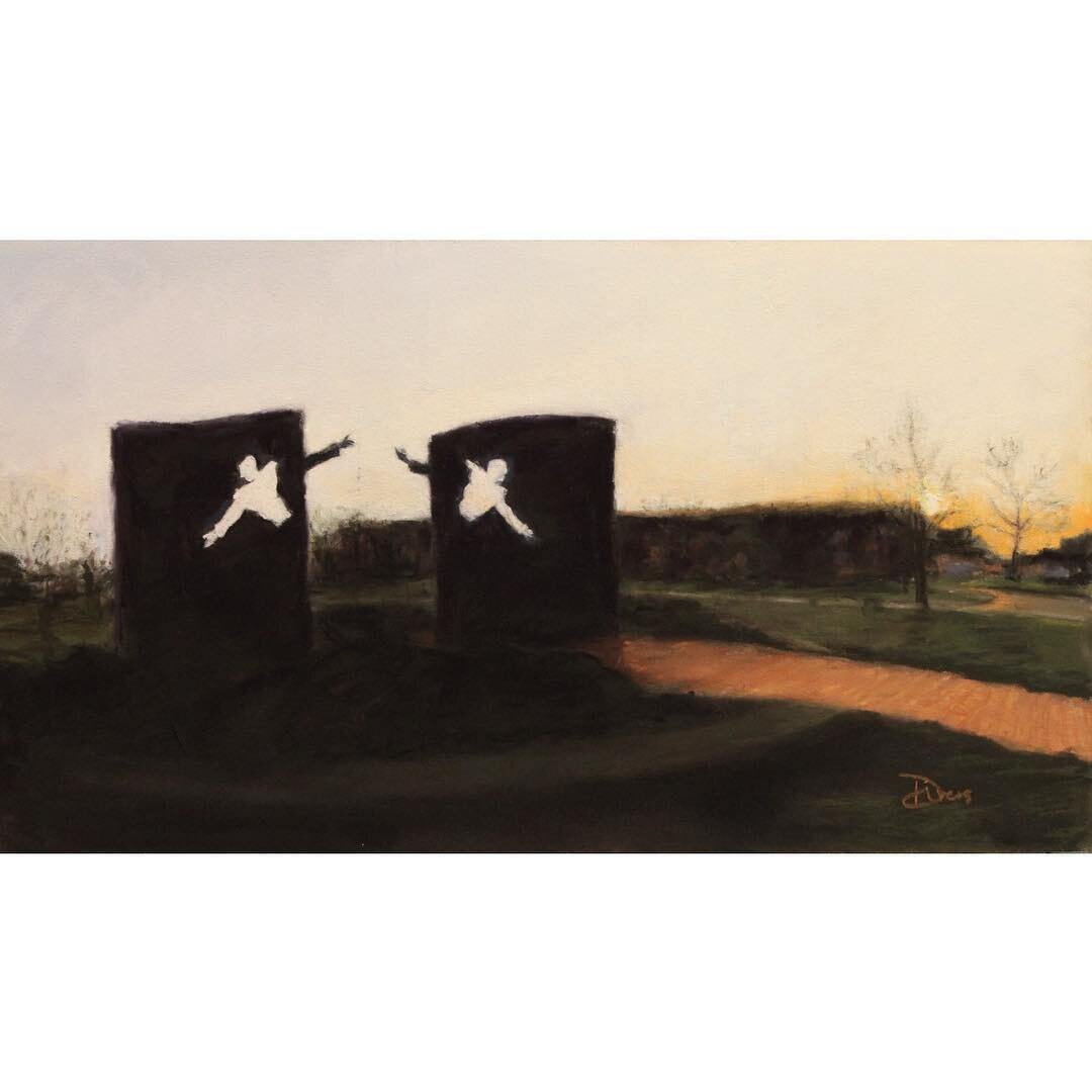 Peaceful Morning is a painting I did of the Landmark For Peace Memorial that stands on the spot in Indy where RFK broke the heart-wrenching news of the assassination of MLK to a crowd there to hear his campaign speech. It shows the connection between