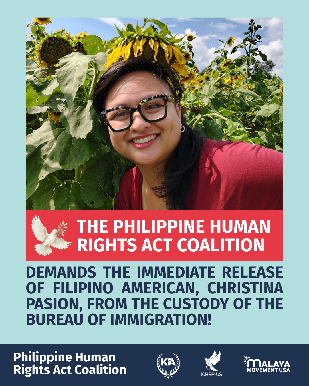 The PHRA Coalition demands the immediate release of Filipino-American Christina Pasion from the custody of the bureau of immigration!