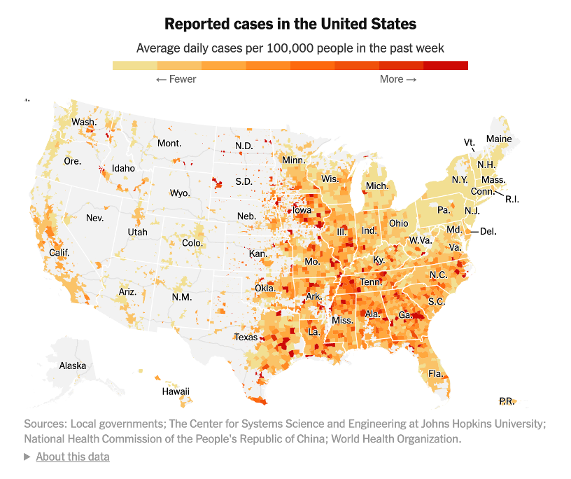 The "big idea" - “average daily cases in the past week, scaled per capita” (NYTimes)