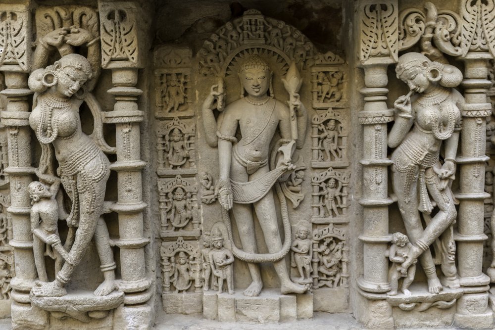 Intricate stone carvings at the Rani ki Vav, Patan, Gujarat
