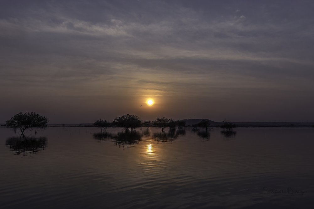 Sunset over a full Ujni Reservoir