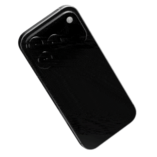 Back view of a black smartphone with triple camera setup and a flash, positioned diagonally against a white background.