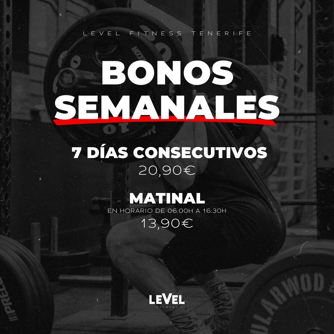 Tenemos bonos semanales disponibles para venir a entrenar:
- 7 d&iacute;as consecutivos: 20,90&euro;
- Matinal en horario de 06:00h a 16:30h:  13,90&euro; 

🌐 www.levelfitness.es
✉️ recepcion@levelfitness.es
📱922 233 093

#LevelFitnessTF #LevelFitn