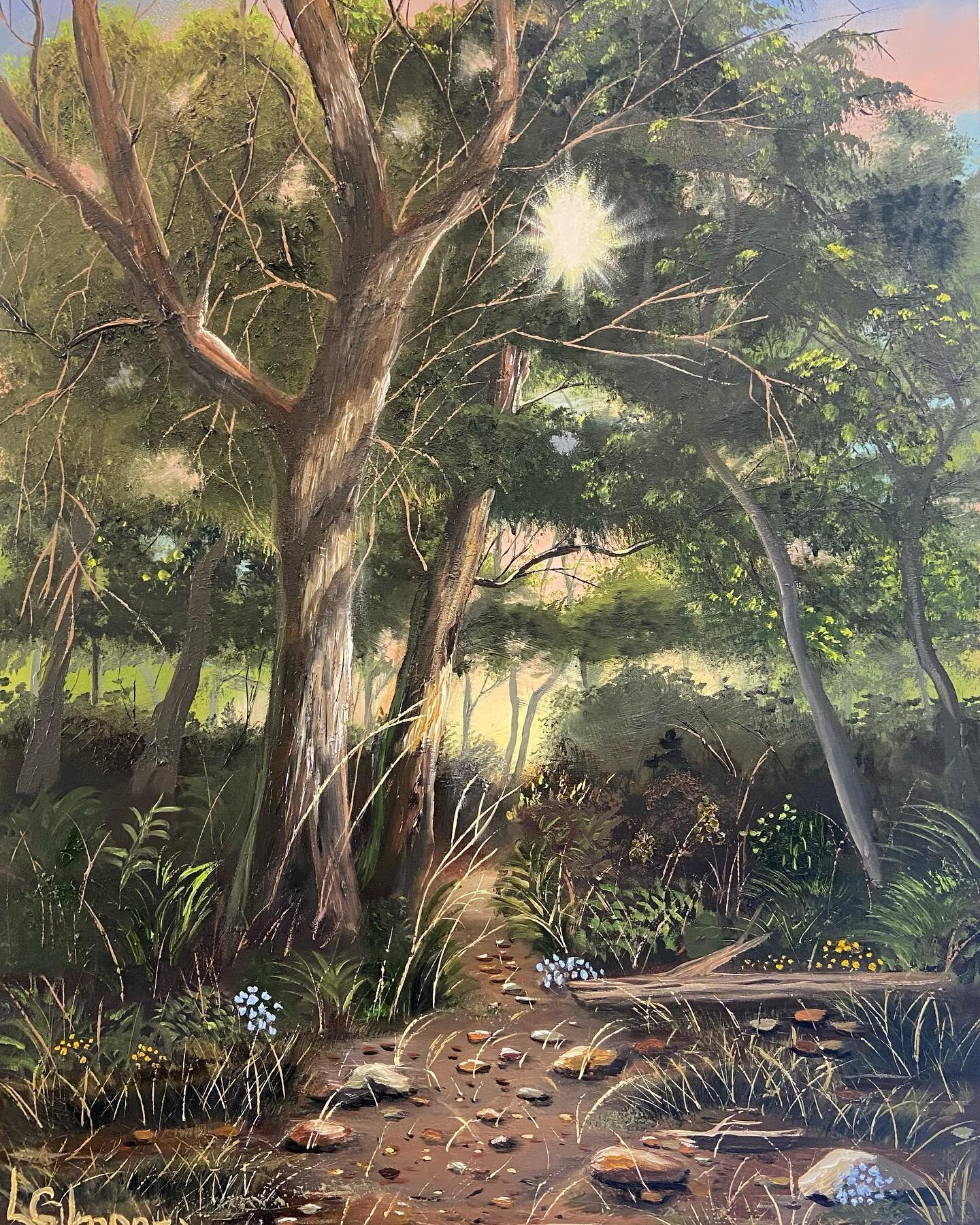 I have been fascinated lately with the light through the trees in the woods around our home. This is an expression of my emotions around the beauty of a Missouri morning.
Early Morning Stroll
12x16 oil on archival gesso board
234.00 framed 
#original