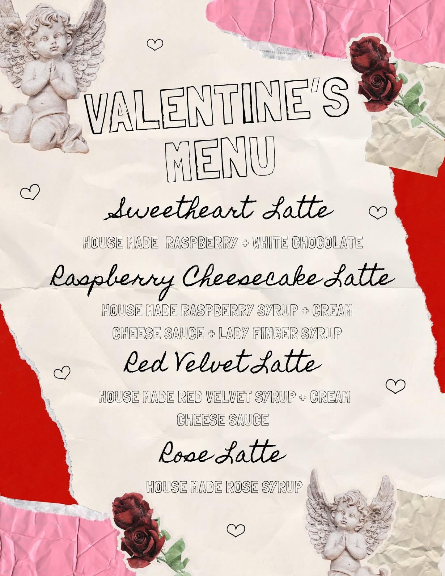 Our Valentine menu is here to make February feel a little sweeter and a lot cozier.

&bull; Sweetheart Latte
&bull; Raspberry Cheesecake Latte
&bull; Red Velvet Latte
&bull; Rose Latte

All made with house-made syrups and lots of love ☕

Available to