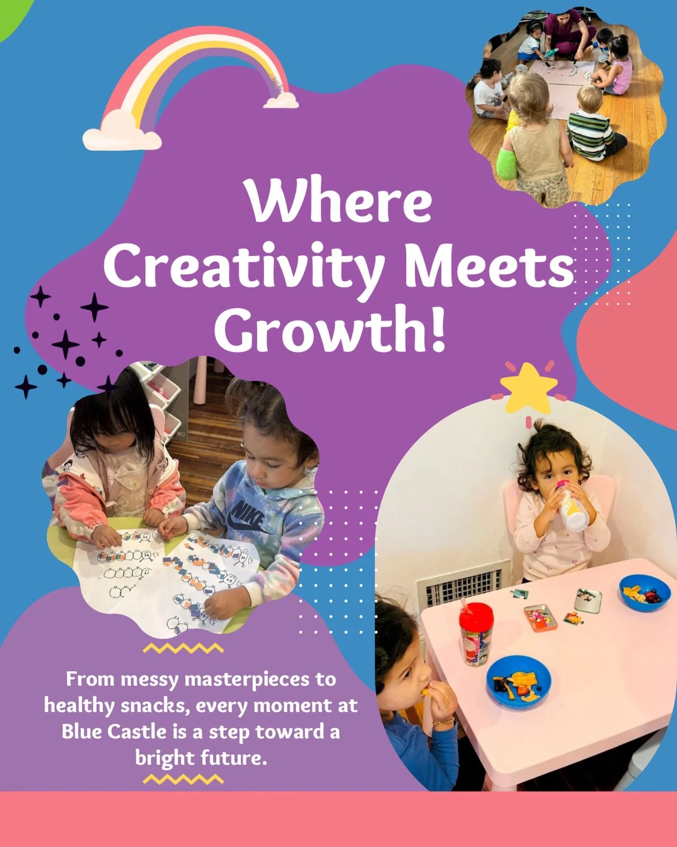 At Post Blue Castle Home Day Care, we believe that a child&rsquo;s &ldquo;work&rdquo; is play! 🏰✨
Our daily routine is designed to spark curiosity and develop essential skills:
&bull; Artistic Exploration: Expressing big emotions through colors and 