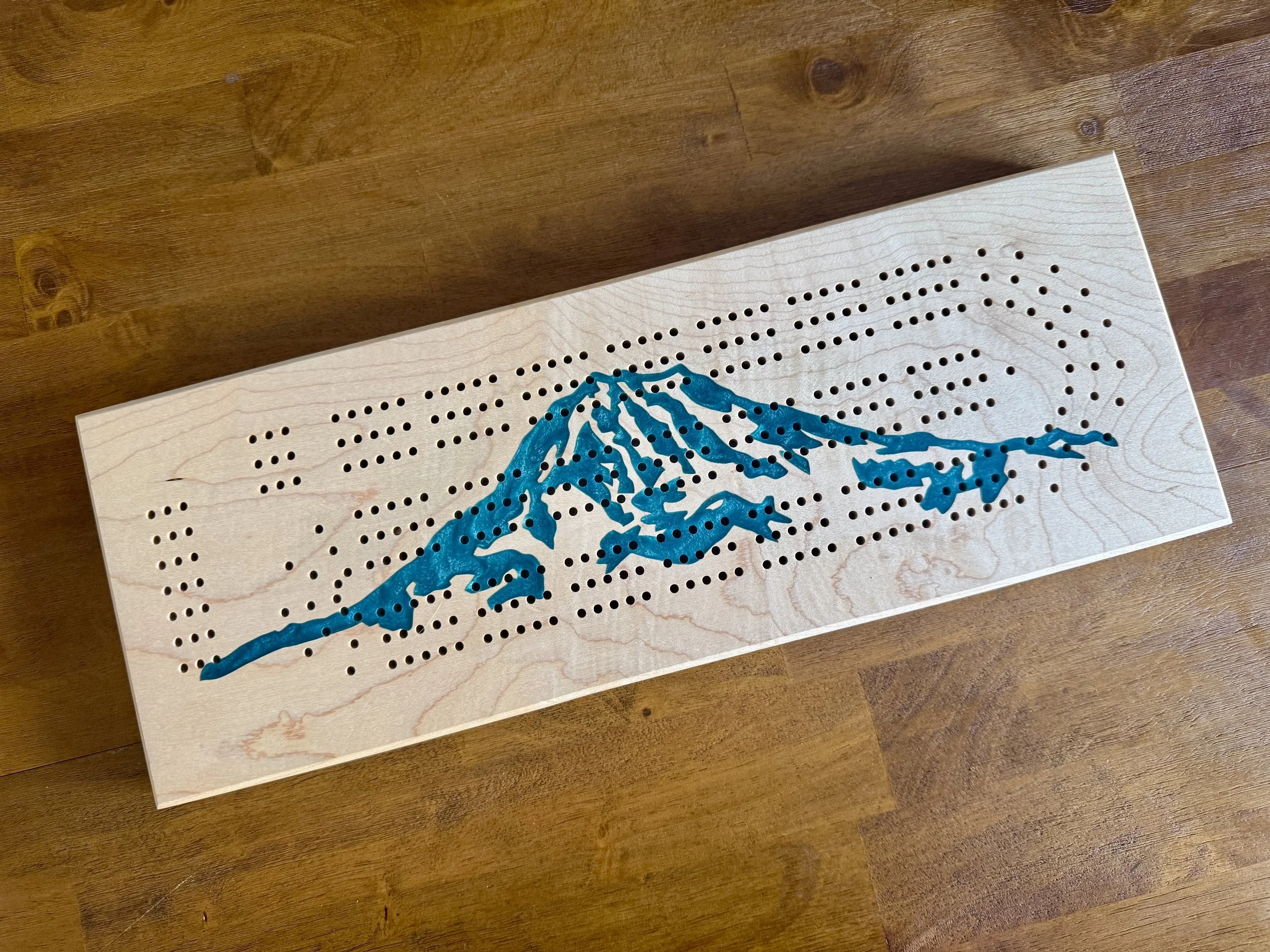 Maple Cribbage Board - Mt. Rainier - Bora Bora Blue Epoxy Inlay