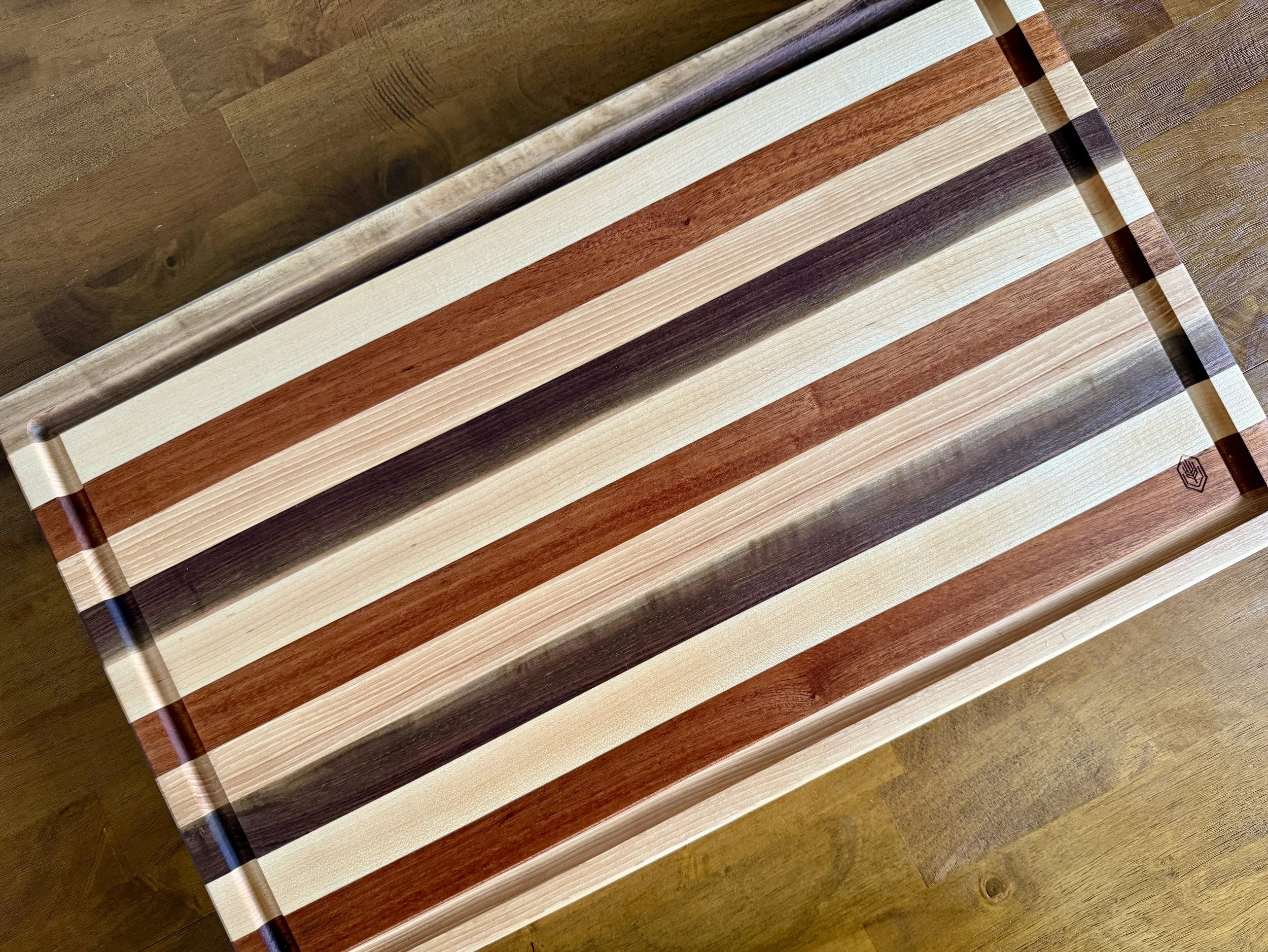 Handmade Edge Grain Cutting Board - Walnut, Maple, Sapele, and Hickory with Juice Groove