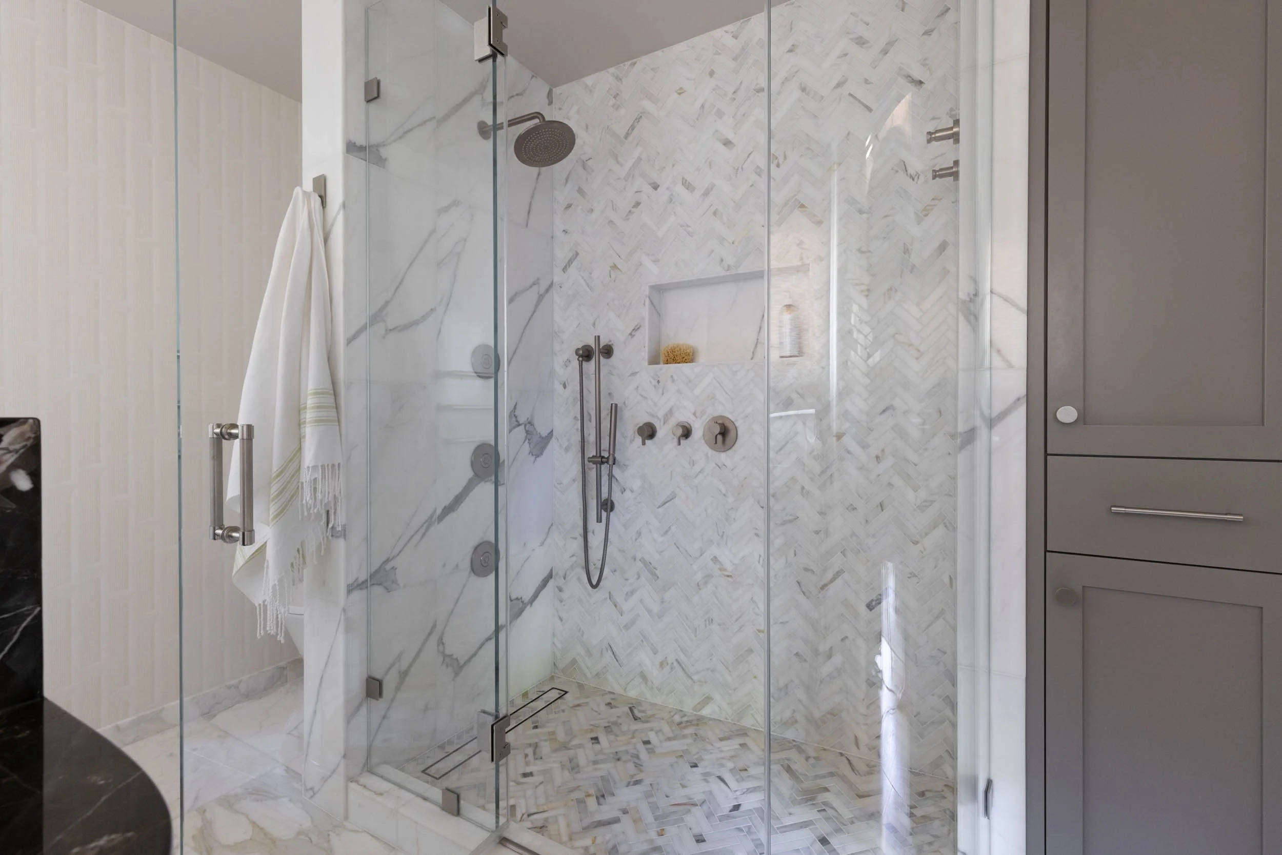 Mosaic Marble walk-in Shower with body sprays and head shower