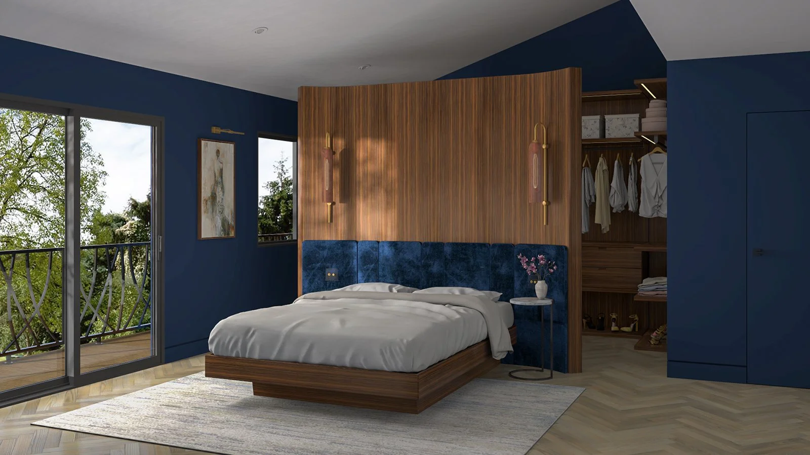 Hague blue bedroom with custom walnut furniture