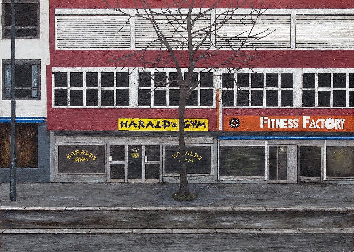   Haralds Gym,  acrylic and coloured pencil on mdf, 50 x 70 cm (2018) 
