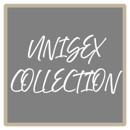 Gray square with white handwritten text reading 'Unisex Collection'